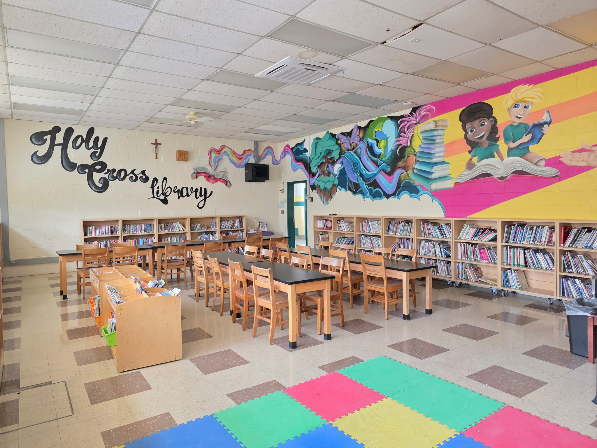Holy Cross School Library - reading area with rug, shelves, and seating